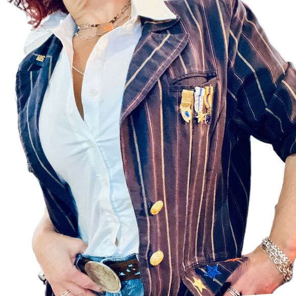 Women Vintage Custom Military Blazer  Reworked one of one Navy w-pinstripes gold - Picture 2 of 15